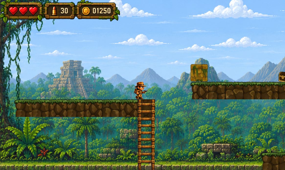 Balaba Jones en haut d'une échelle, dans un niveau de jungle avec un temple maya au loin